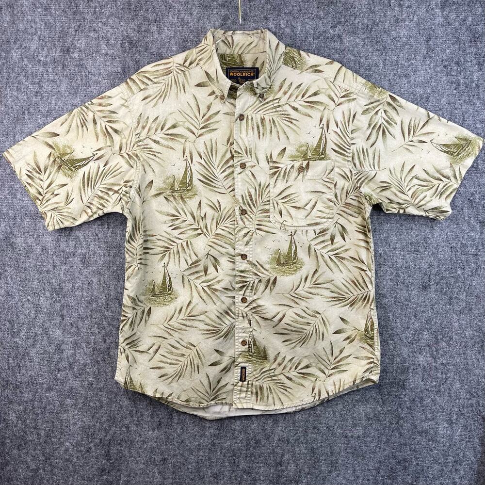Woolrich Mens Polo Shirt Palm Sailboat Pattern Hawaiian Size Medium